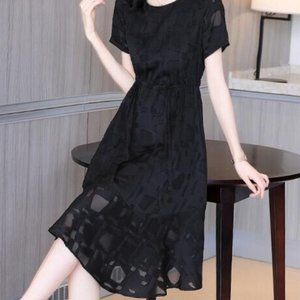 Temperamental tie waist round collar short sleeves medium and long skirt women
